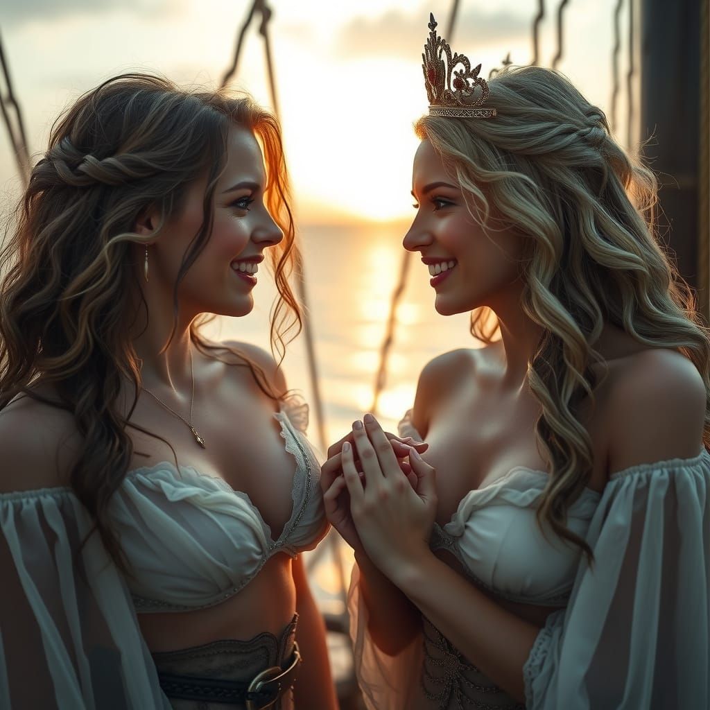 Noblewomen on Galleon Deck in Golden Hour