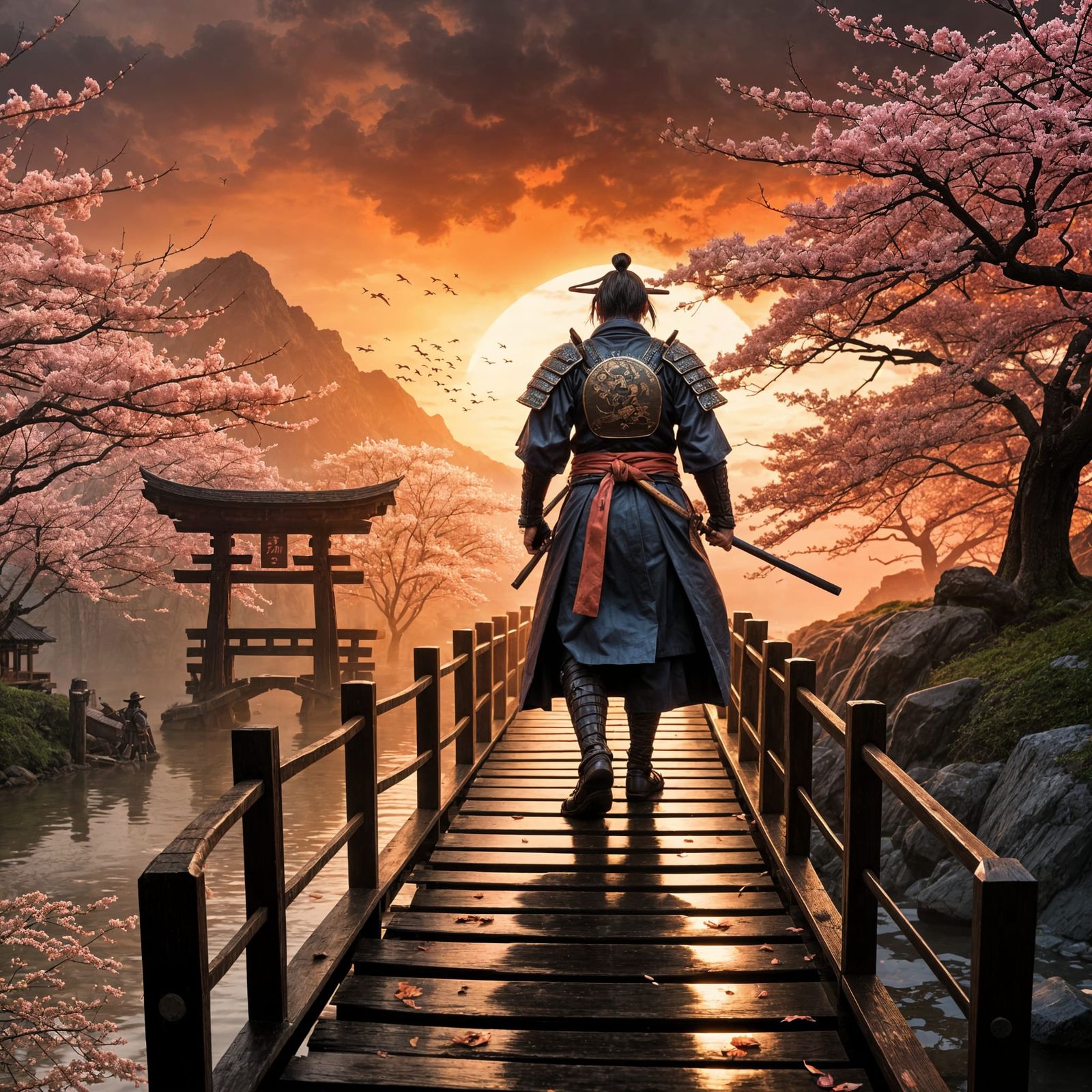Samurai Finds Serenity Amidst Stormy Cherry Blossom Sunset