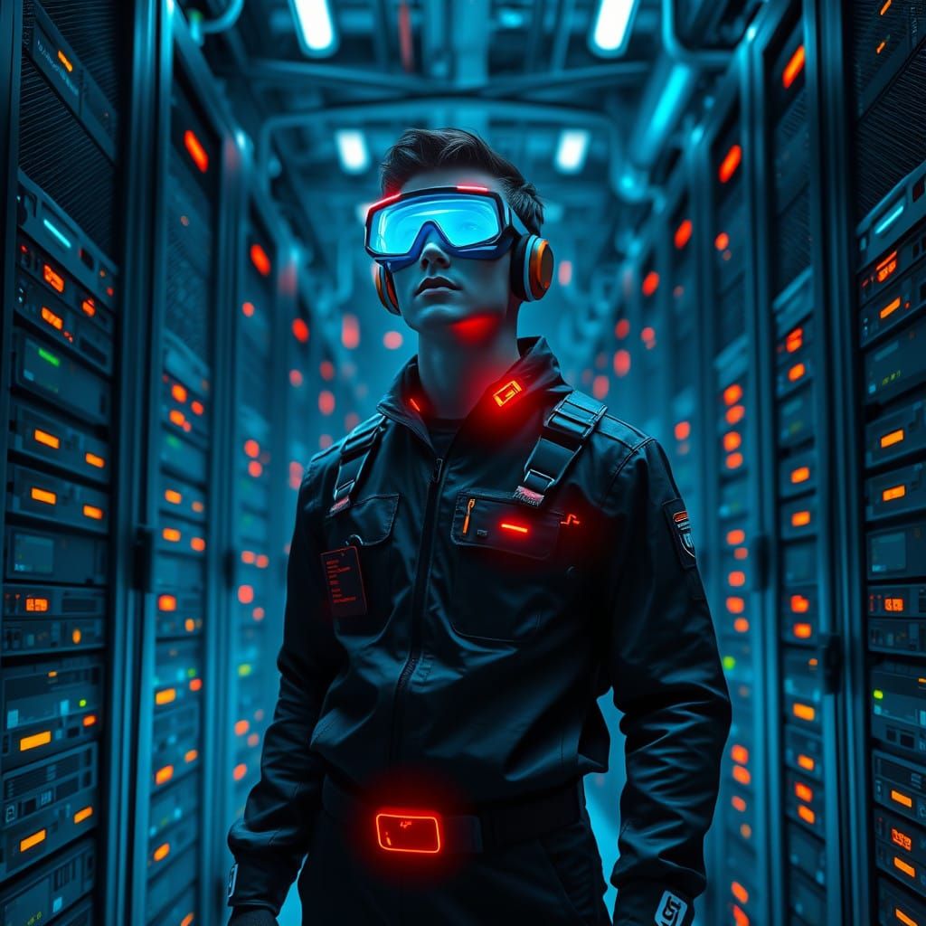 Futuristic Software Engineer in a High-Tech Server Room