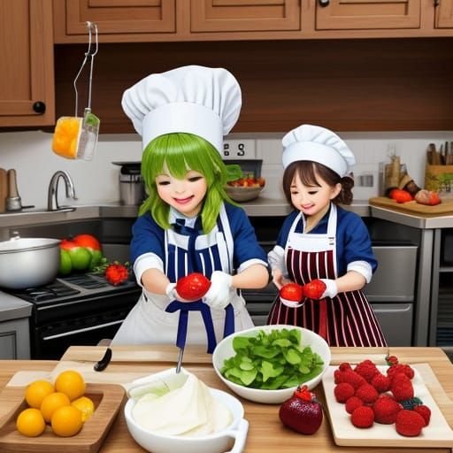 Female Chef Surrounded by Tiny Helpers in Colorful Kitchen