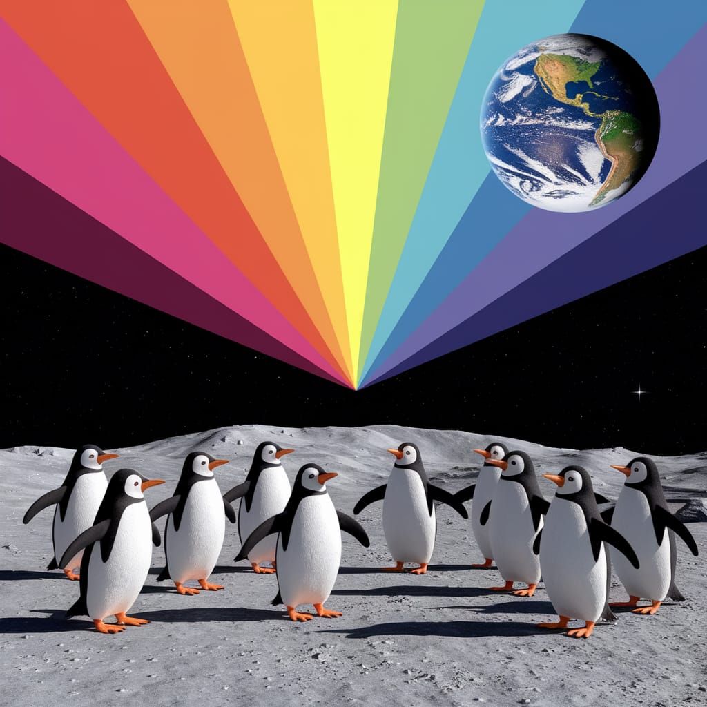 Penguins on the Moon in Pixar Style