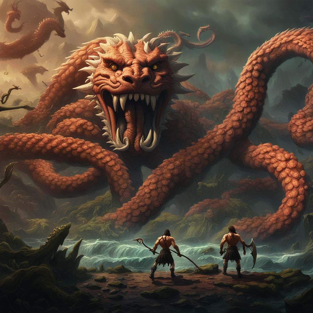 Hercules confronts the Lernaean Hydra. the battle rages