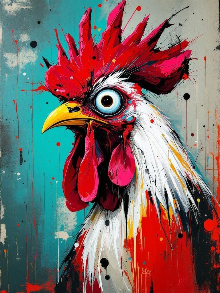 Expressive Rooster Portrait in Basquiat, Nielly, and Choe St...