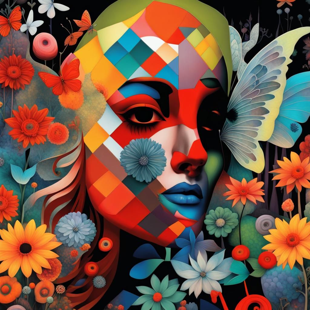 Million Flower Dreamscape, Patchwork, intricate details, Maximalisr, Maximalism, Double Exposure Butterflies, forest...