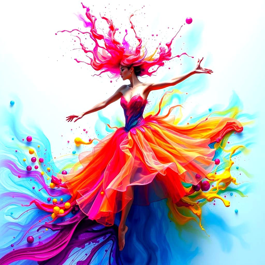 Liquid Ballerina Dancing with Vibrant Paint Splashes