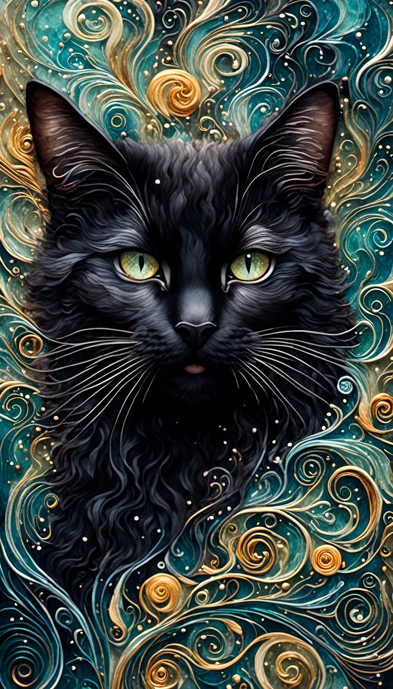 Dramatic Black Cat Portrait with Textured Ink
