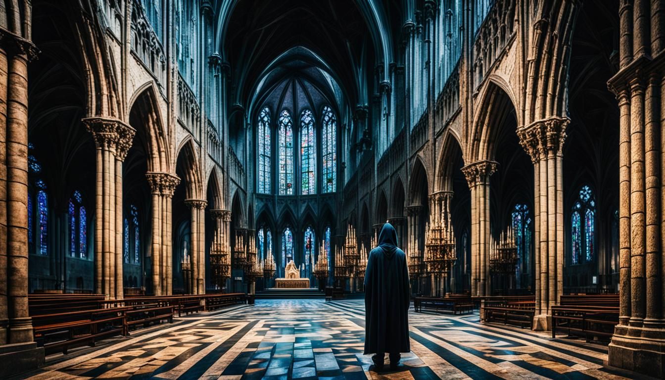 Mystical Hooded Figure in Gothic Cathedral: Abstract Art