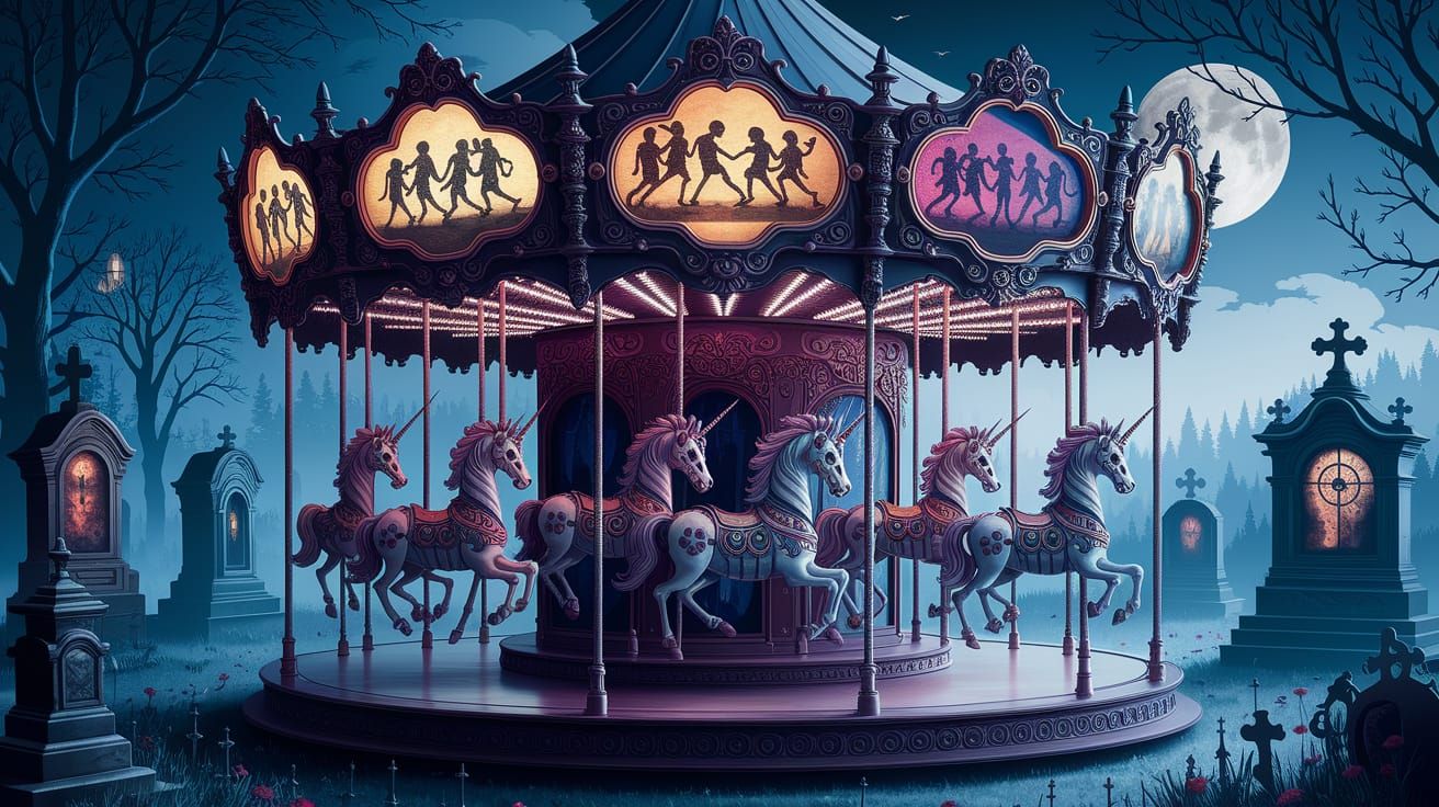 Whimsical Gothic Carousel in Moonlit Graveyard Scene