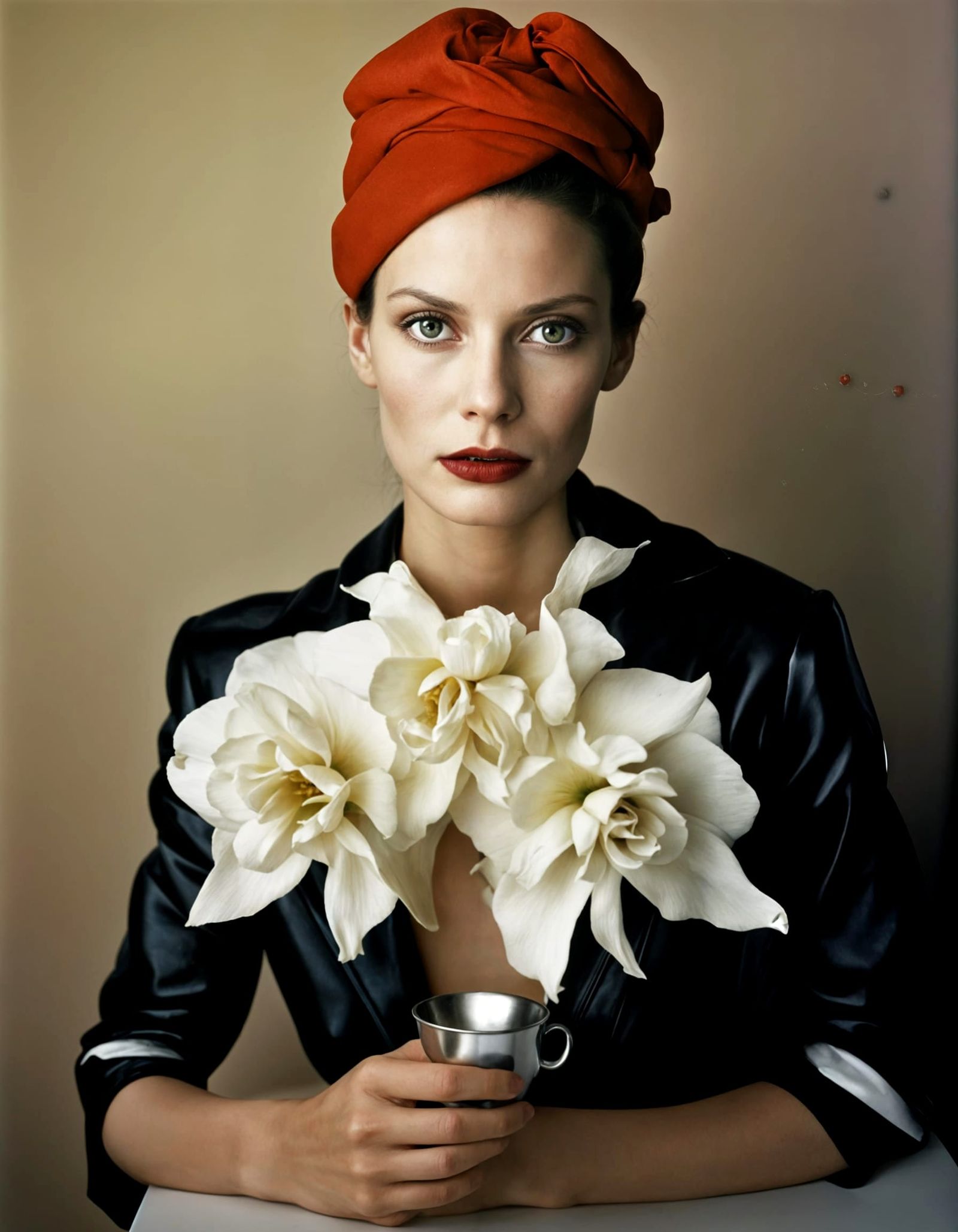 Modern Couture Woman Enjoying Tea in Cafe