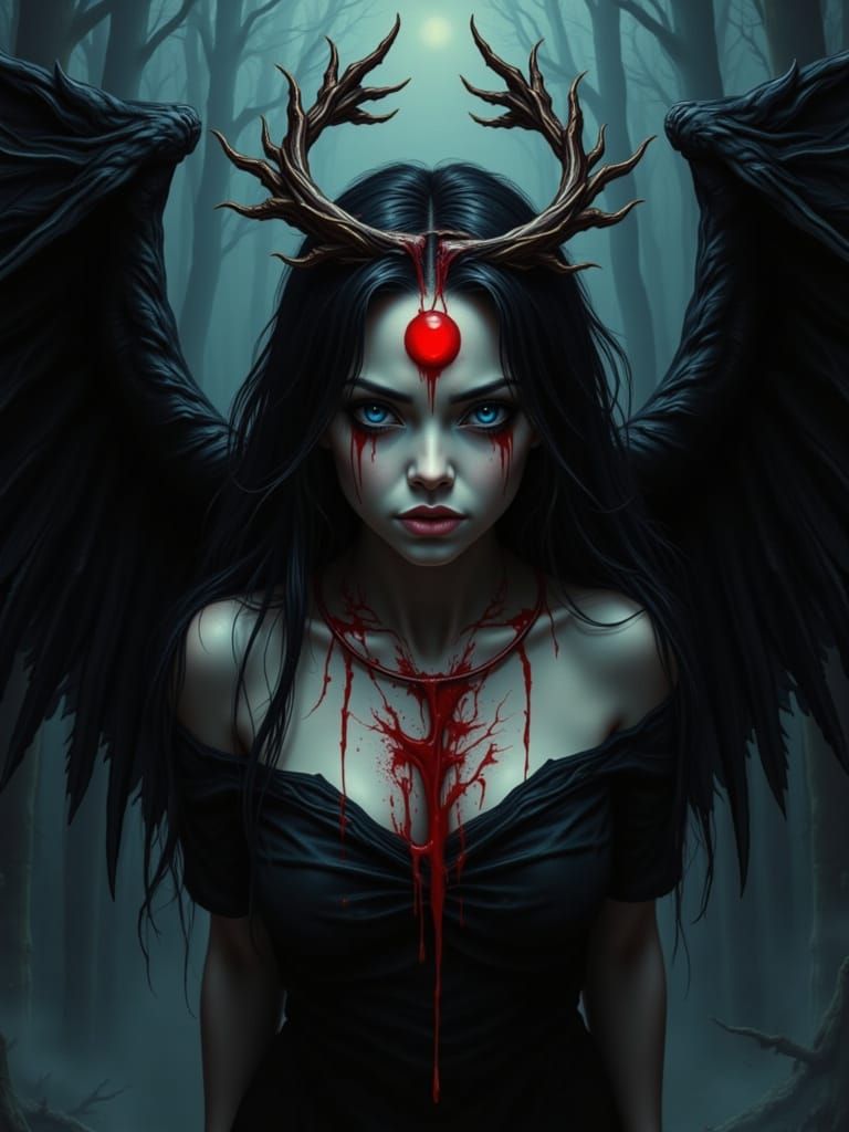 Dark Angel with Three Eyes and Bloody Wings