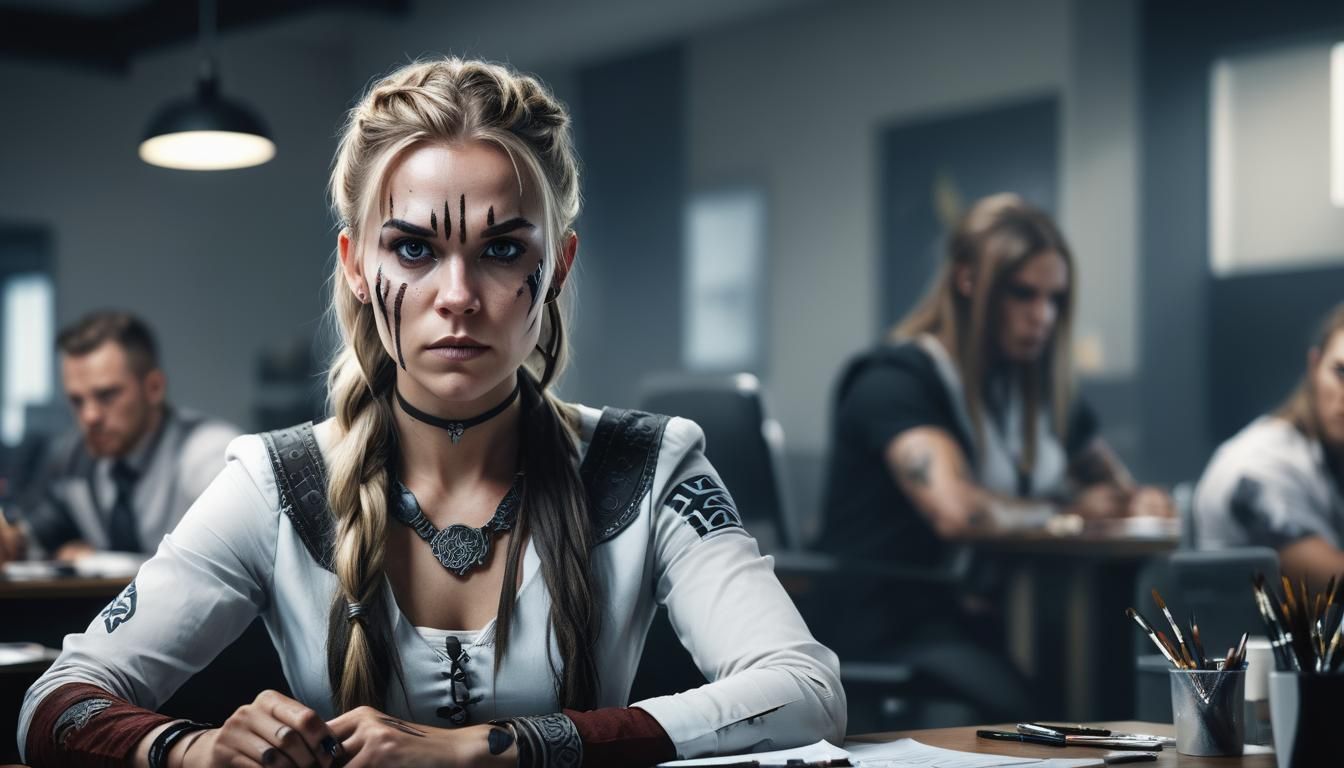 Viking Warpaint Digital Portrait in Office Setting