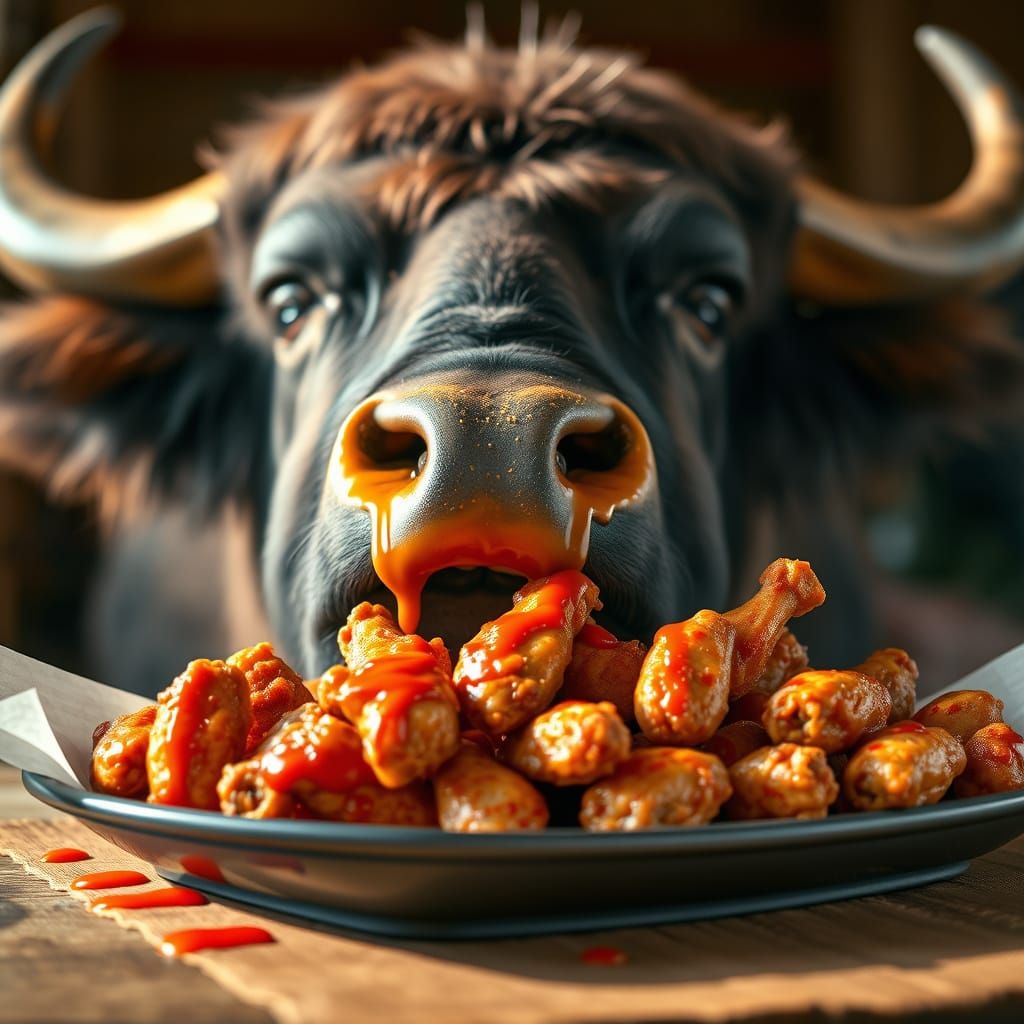 Buffalo Devours Spicy Hot Wings in Warm Light