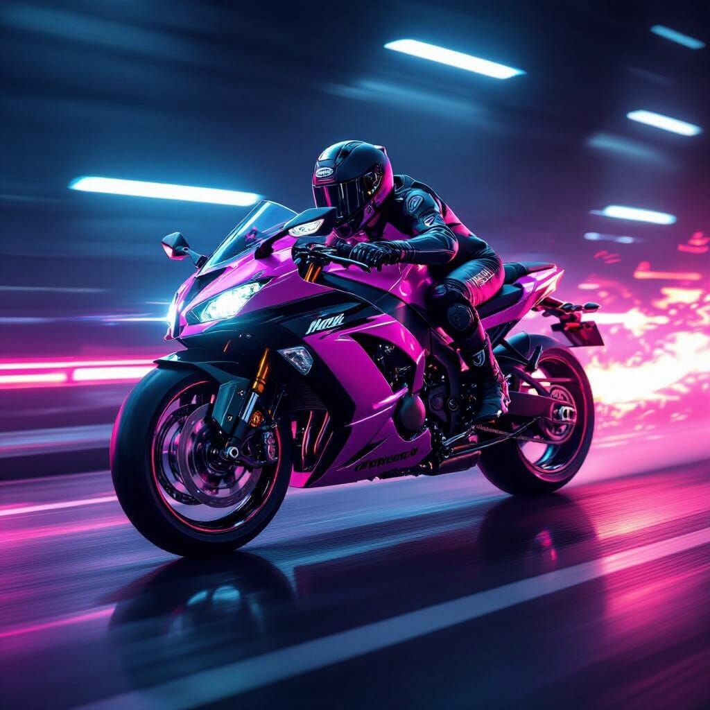 Neon Pink and Black Kawasaki Motorcycle in High-Speed Shot