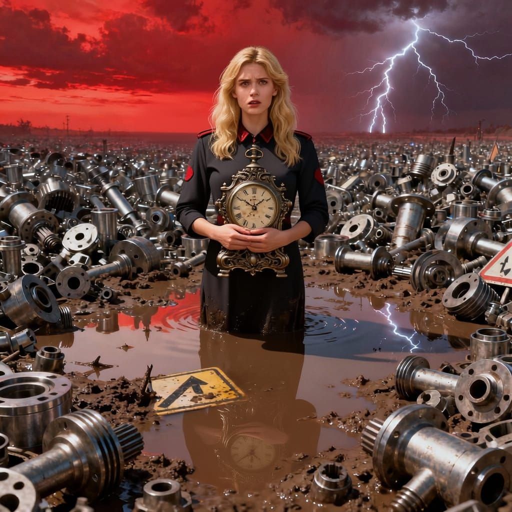 Woman Lost in Machined Parts with Clock Under Red Sky