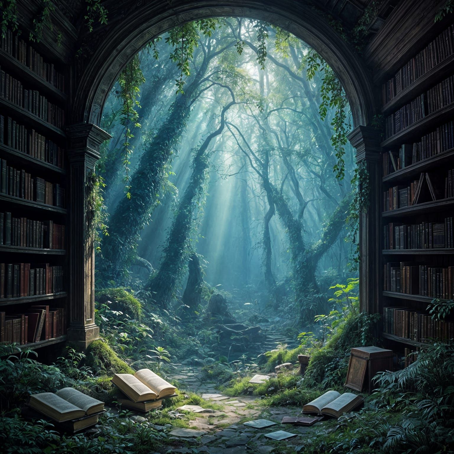 Ancient Forest Library With Glowing Flora and Old Books