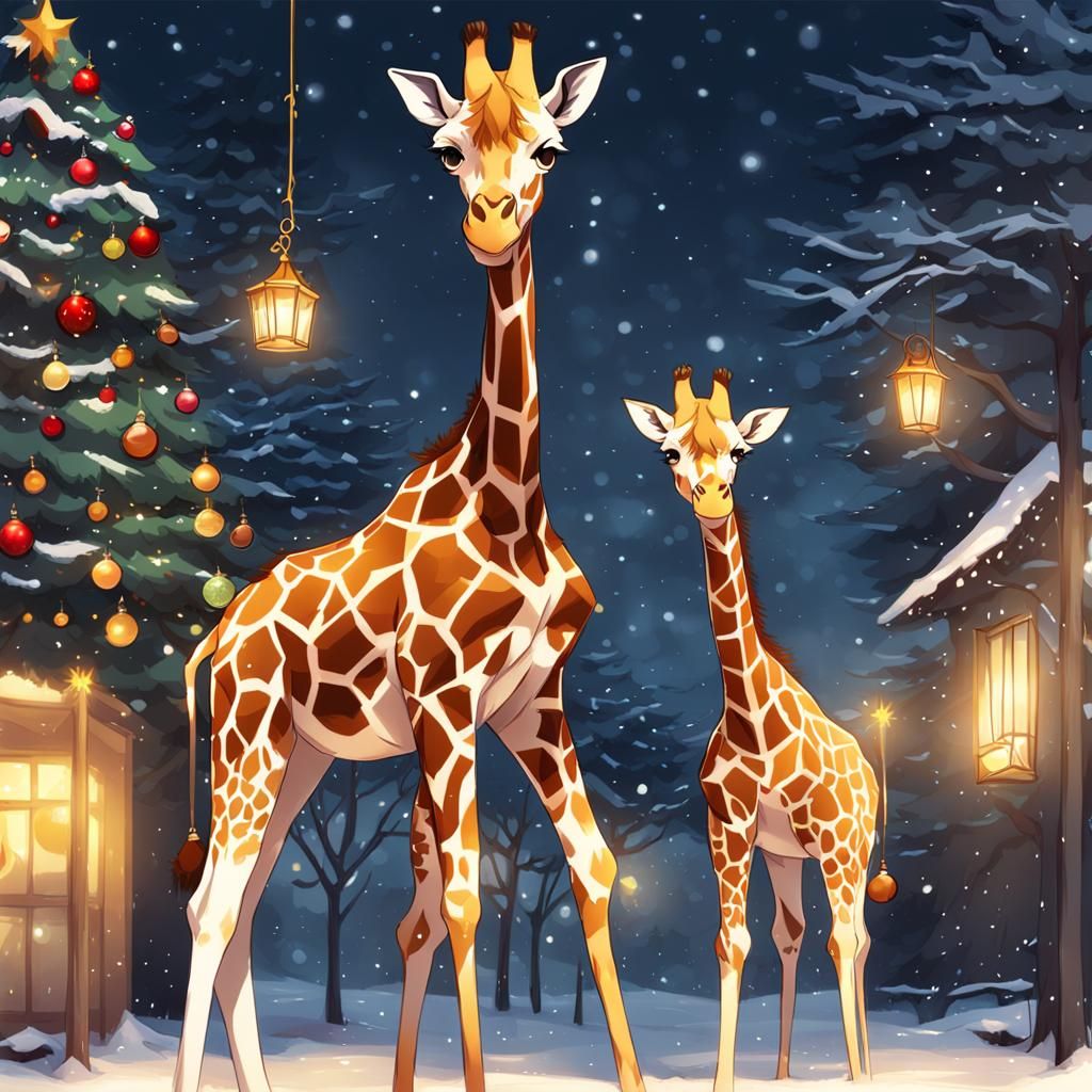 Christmas Giraffes in Anime Style