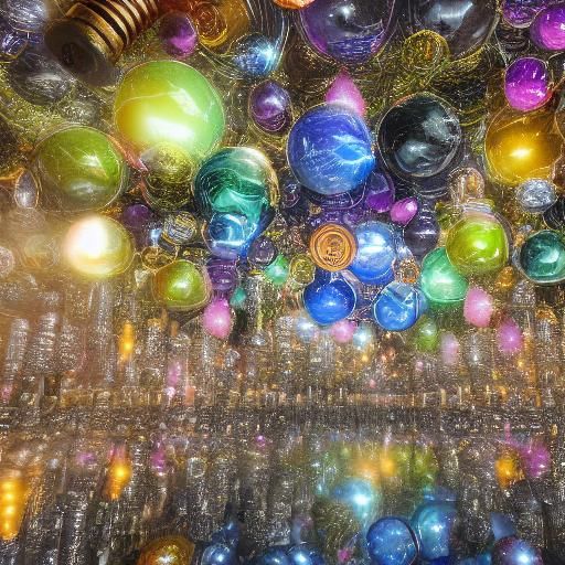 Light bulbs wine bottles spheres beads of black pearls