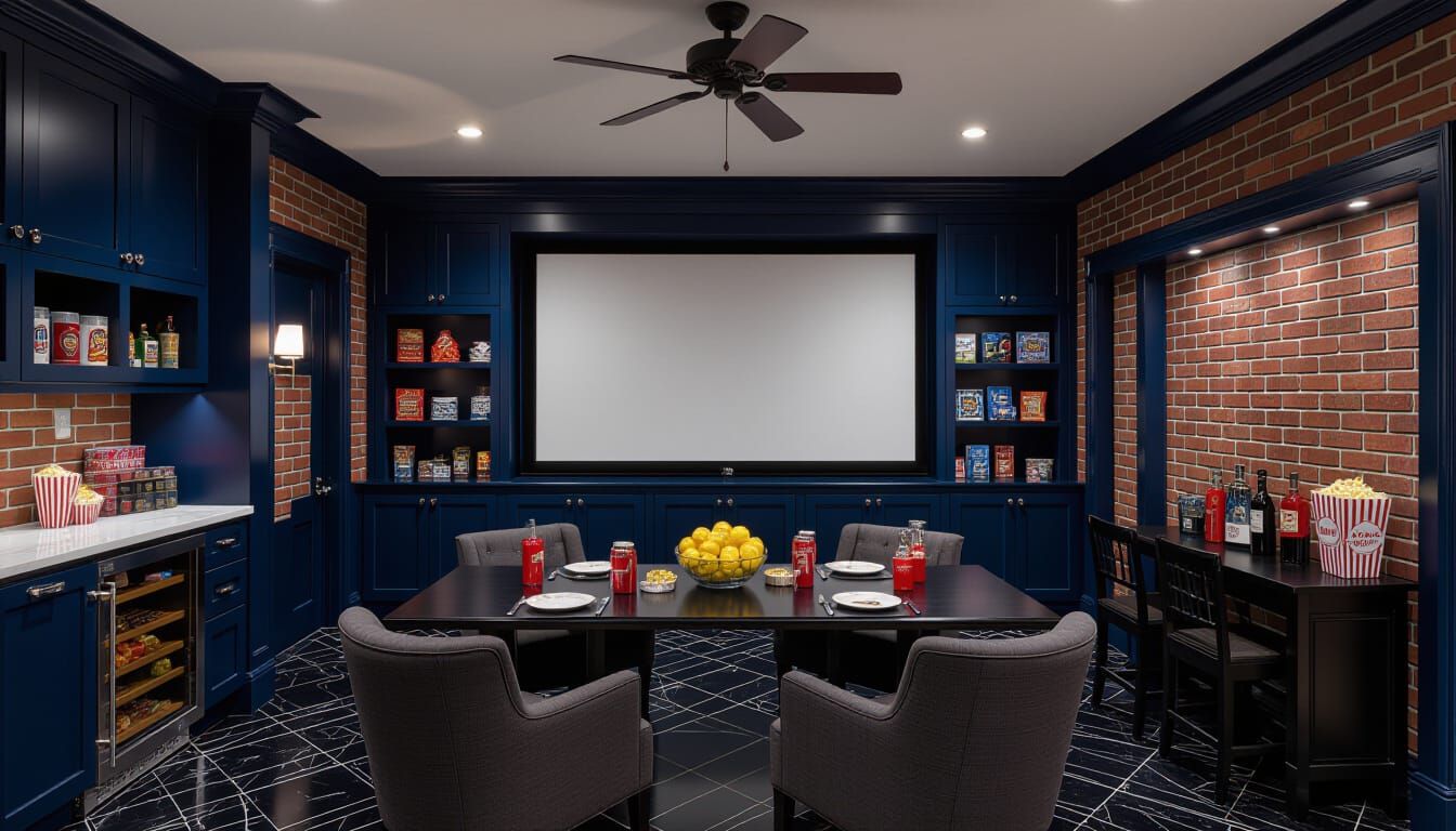 Victorian Movie Room with Dark Blue and Brick Accents