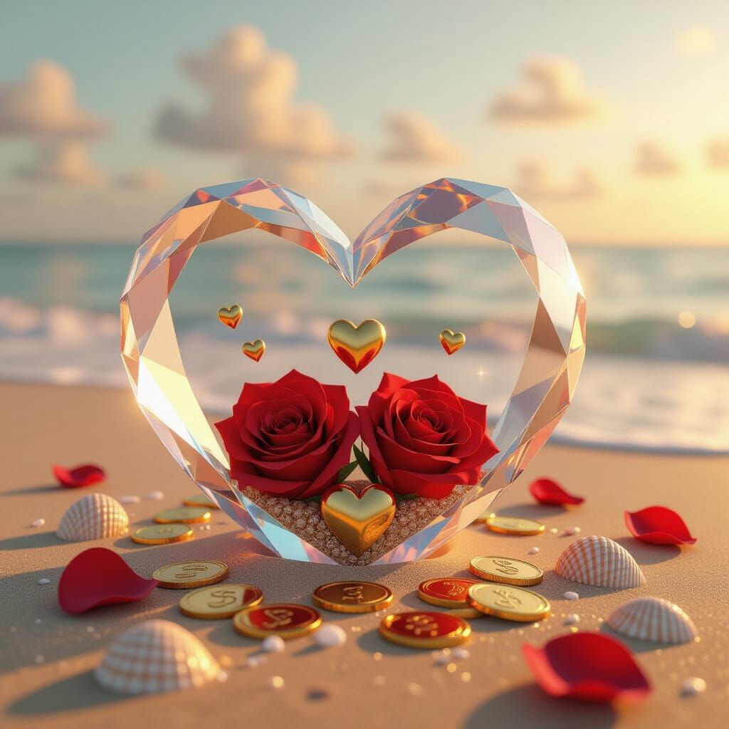 Luminous Crystal Heart on Golden Sand: 3D Render