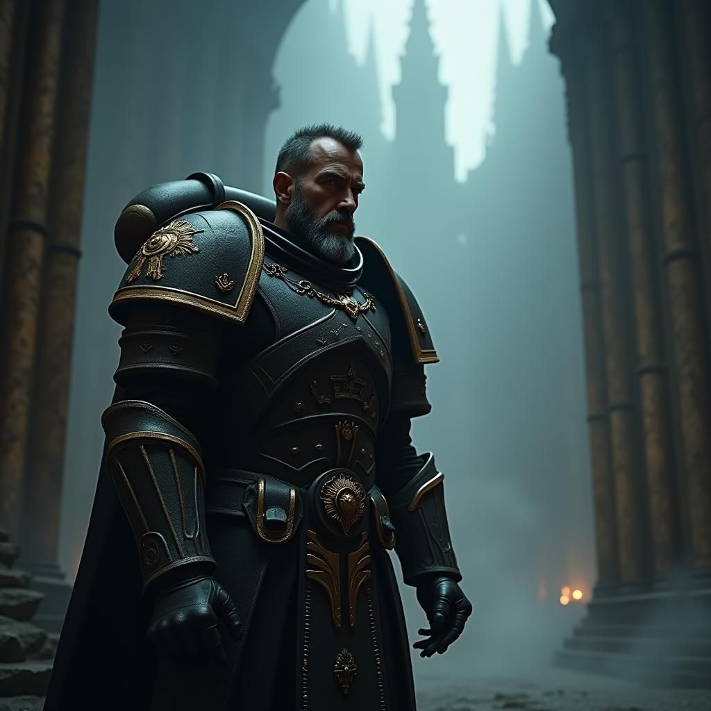 Imperial Commissar in Gothic Cathedral, Dark Fantasy Scene