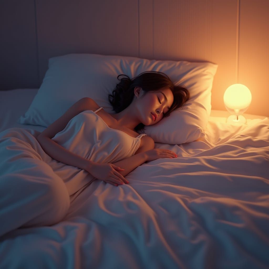 Woman in Cozy Bed with Soft Radiant Glow