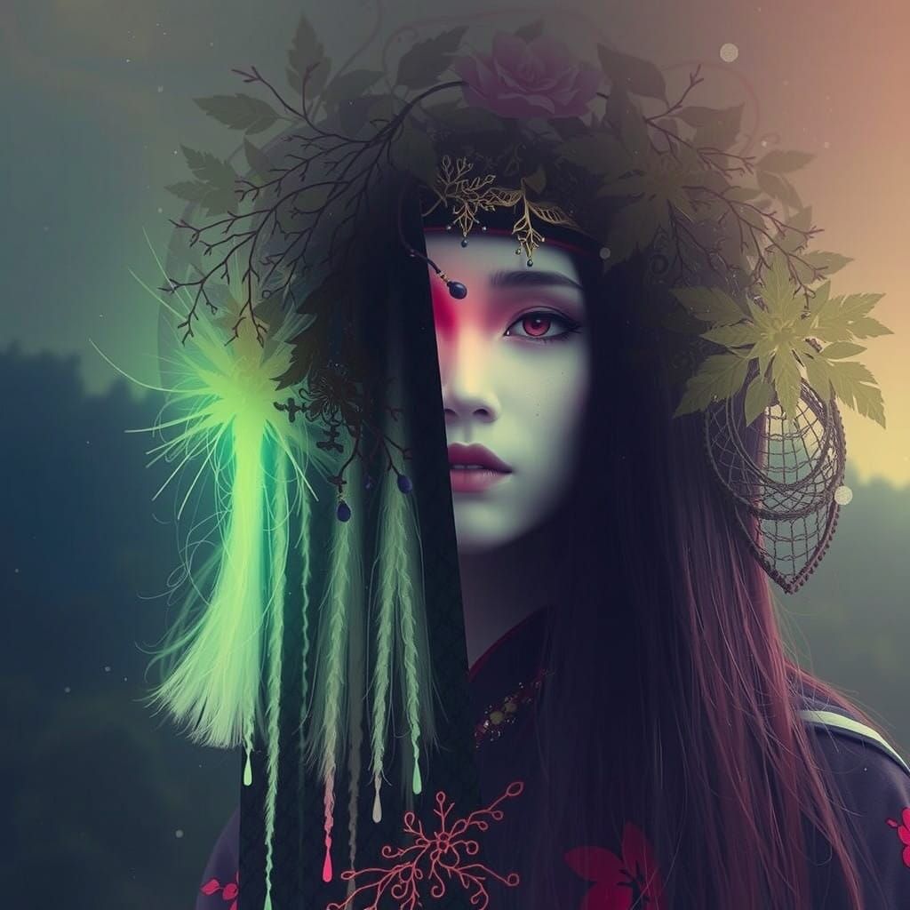 Ethereal Kabuki Dryad in Dreamlike Forest Landscape