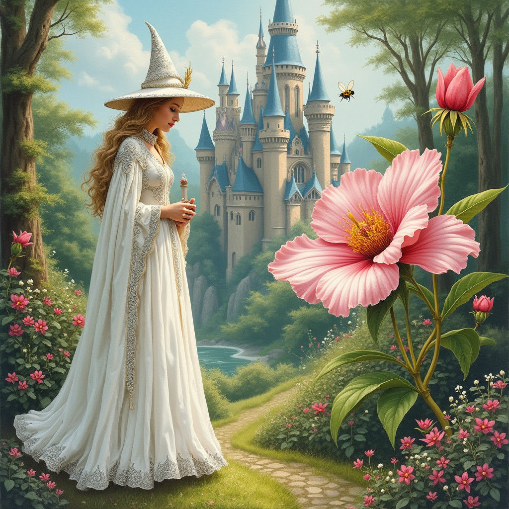 White Witch in Castle Garden of Pink Flowers