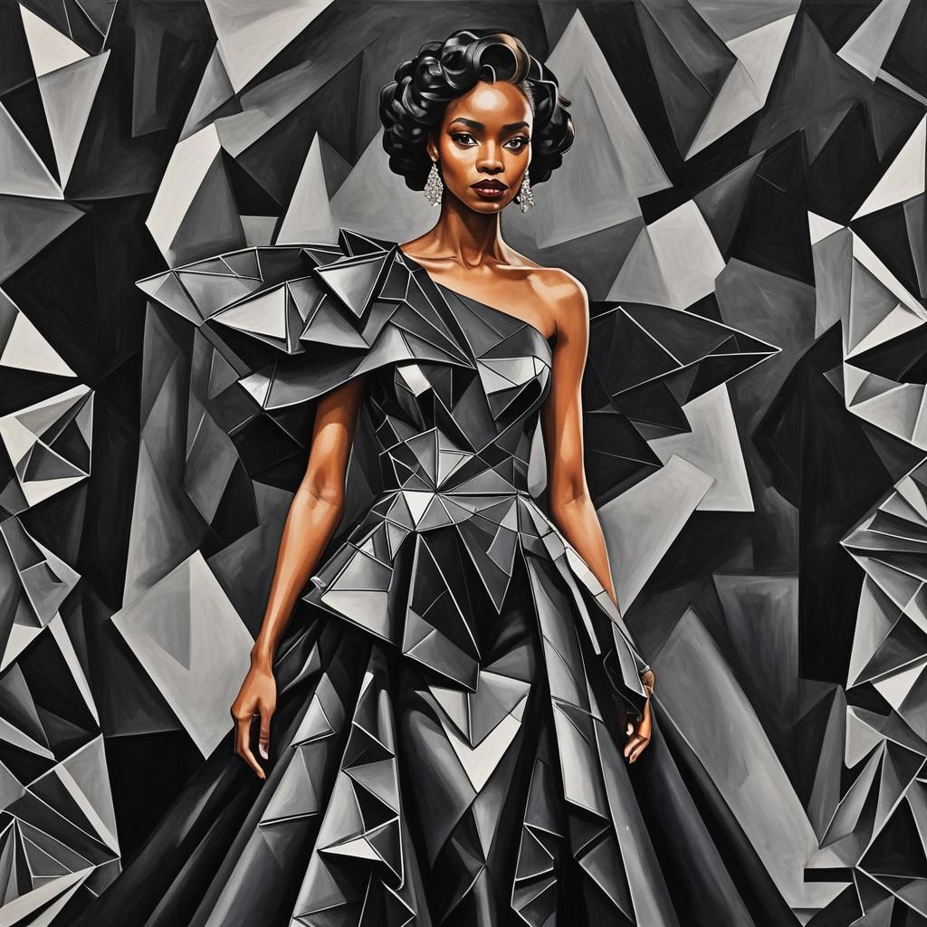 Black on black cubism evening gown ,geometry wings , black l...