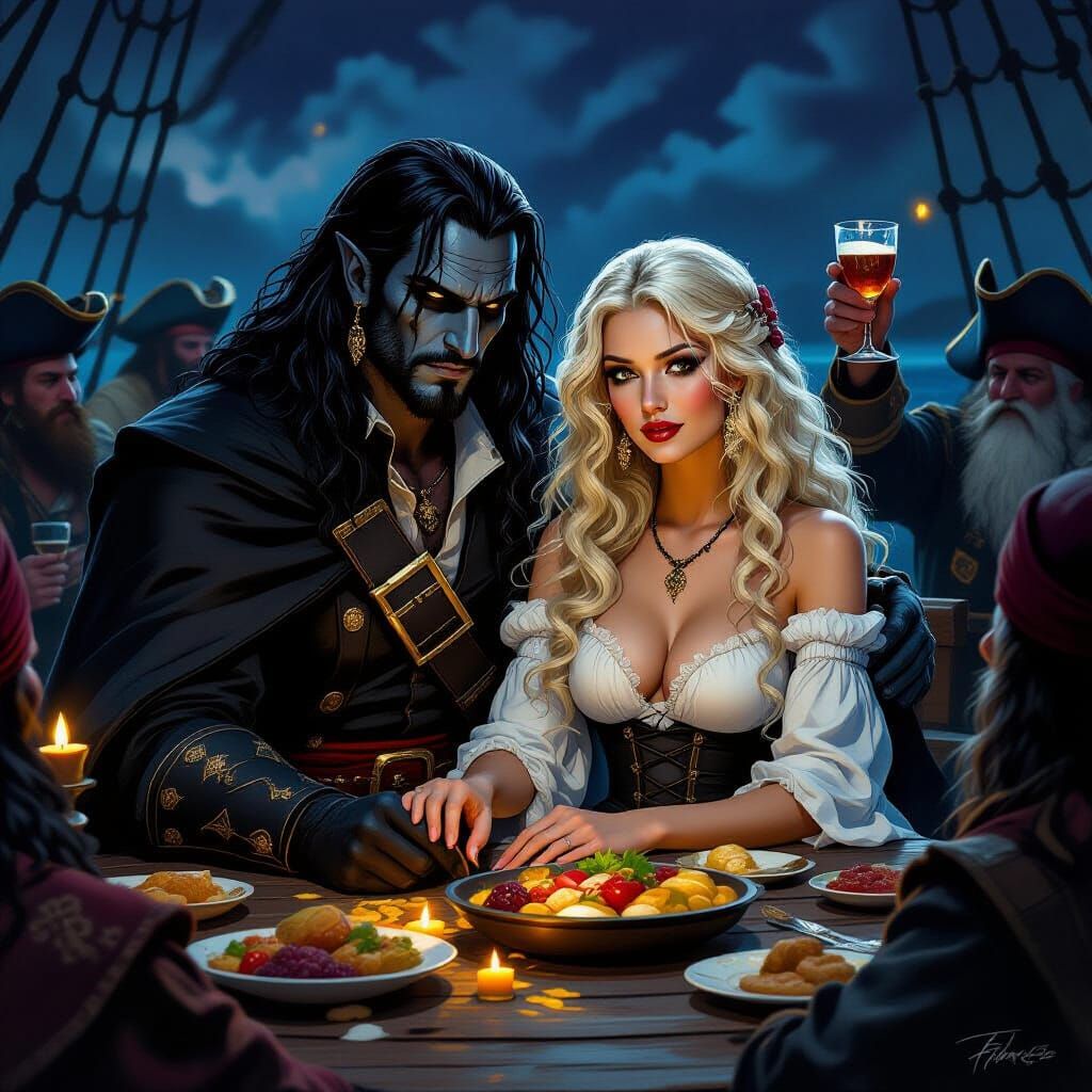 Dark Fantasy Pirate Scene: Man and Woman on Ship Deck