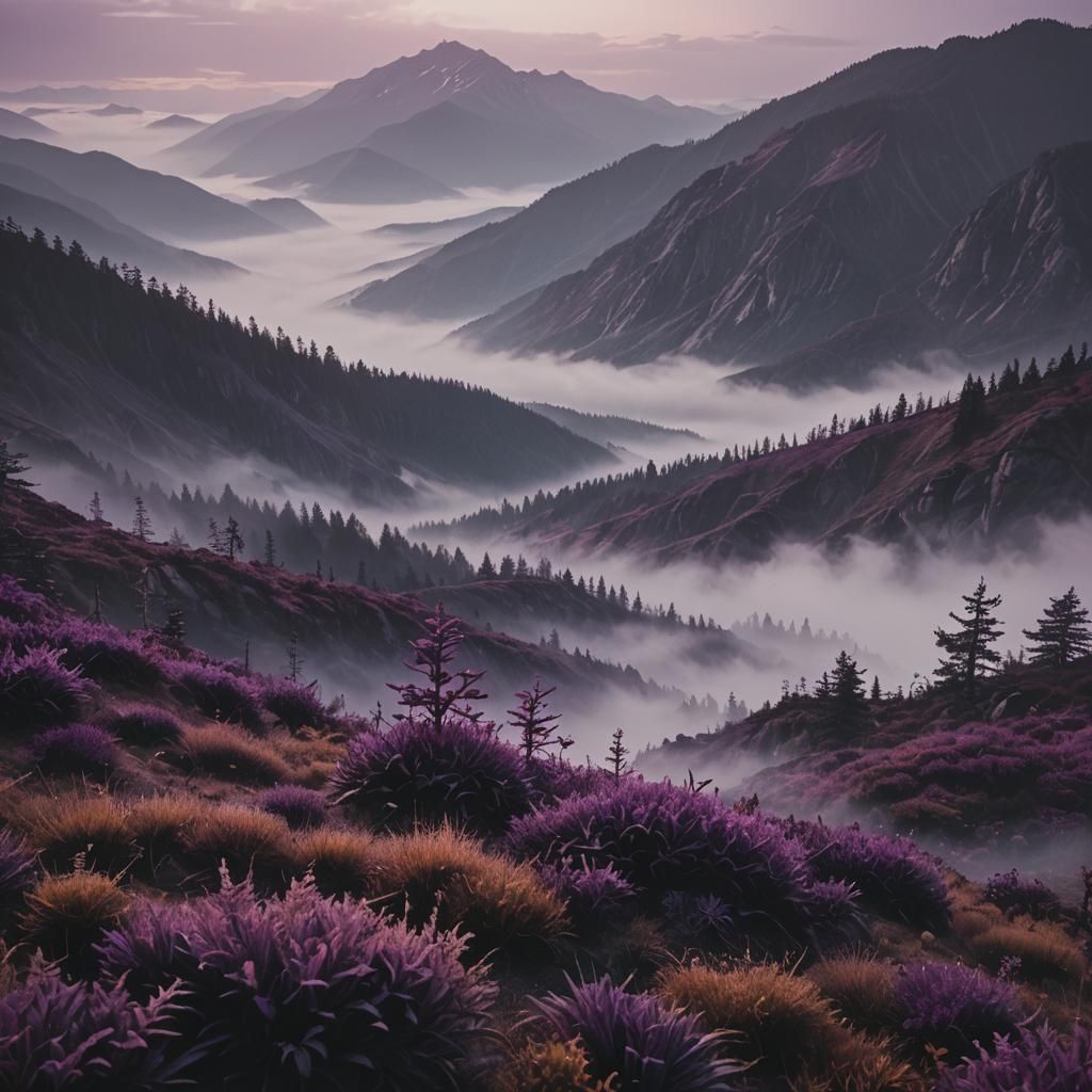 Purple Mountain Plants in Misty, Cinematic Landscape