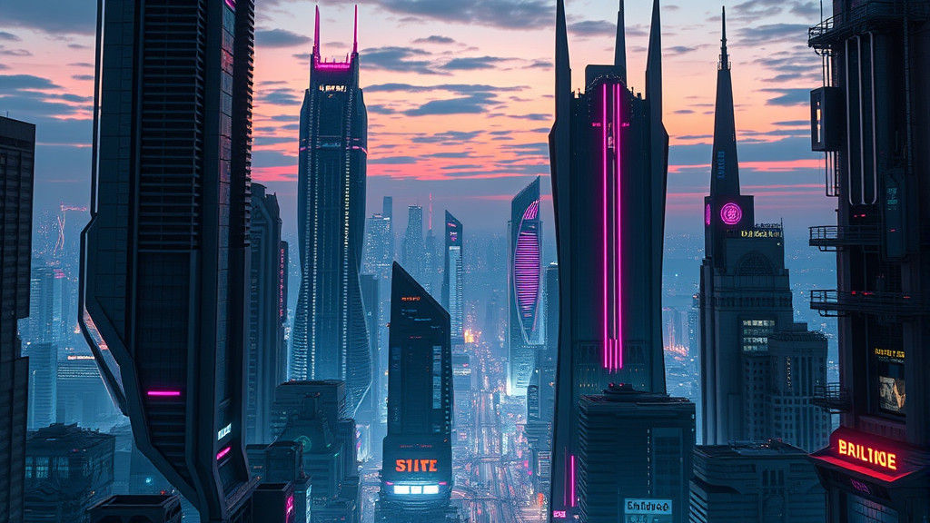 Futuristic Cyberpunk Cityscape at Dusk in Vibrant Neon