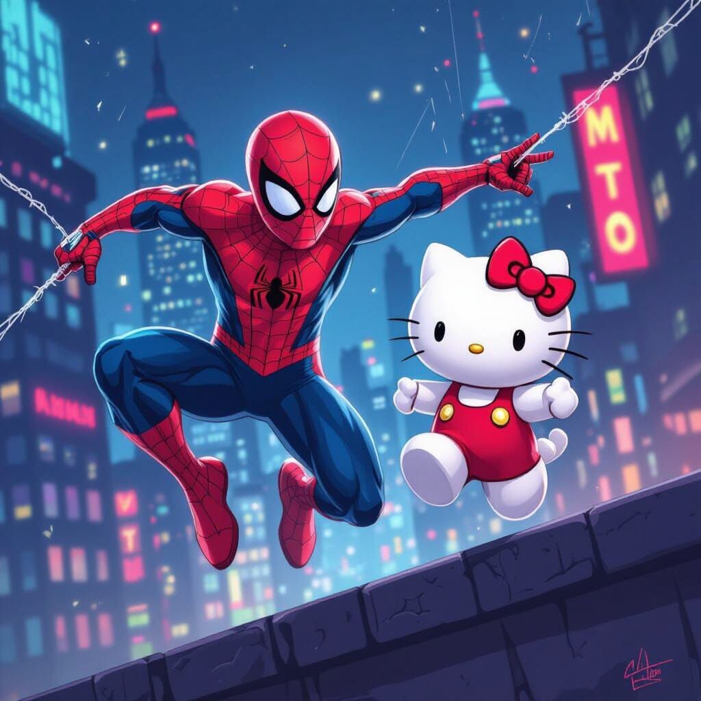 Spider-Man and Hello Kitty in Dynamic Digital Art