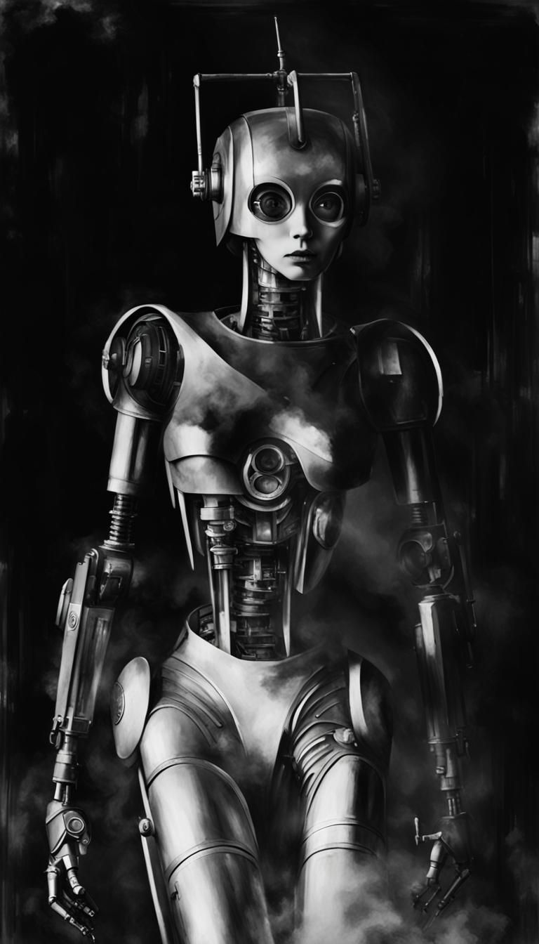 Chrome Robot in Burning City: Moreau-Inspired Grayscale