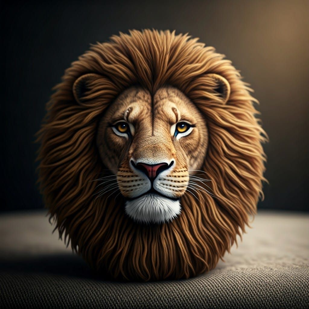 Knitted Lion Head on Fabric, Detailed Photography