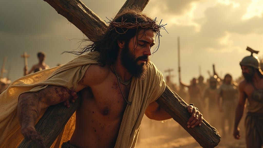 Jesus Christ in Agony Under the Weight of the Wooden Cross