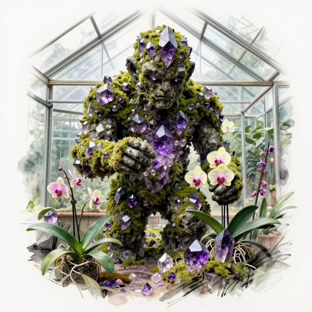 Amethyst Golem Arranges Neon Orchids in Greenhouse