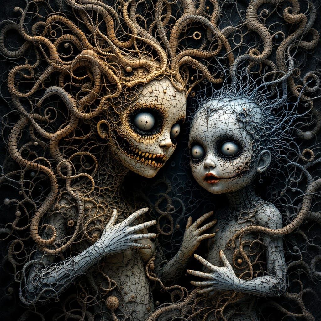 Haunted Dolls in Wireframe Abstract Vector Art