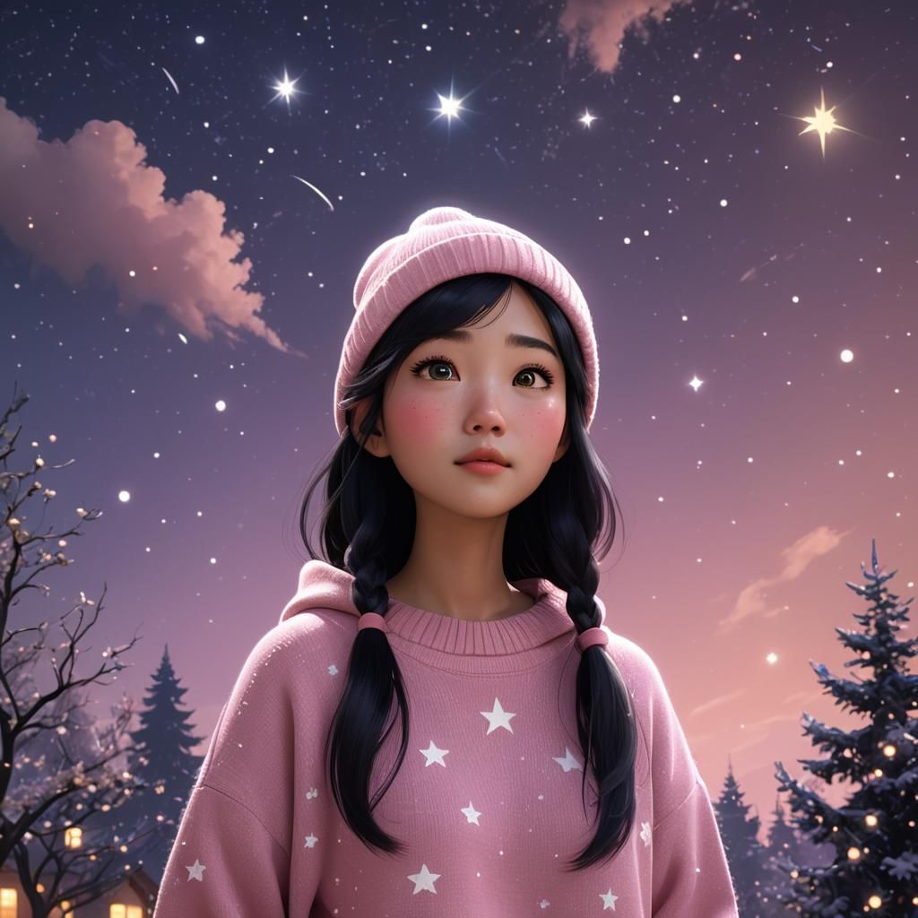 Heartbroken Girl Under Starry Sky, Pixar-Inspired Art