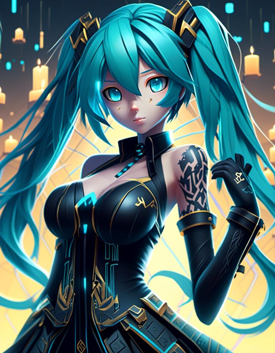 Hatsune Miku, Long Glowing Runes Blue Hair, Closed Eyes, Black Clothes, Tattoos, Dim Lighting, dynamic pose, by artist "...