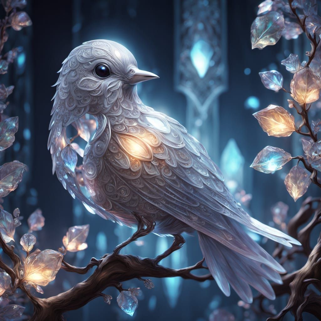 Majestic Crystal Bird on Branch in Ethereal Light