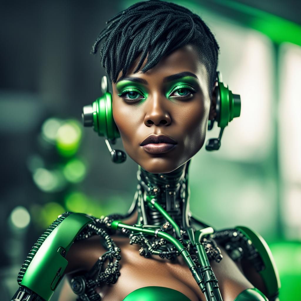 Beautiful black woman supermodel short green hair bikini robot humanoid