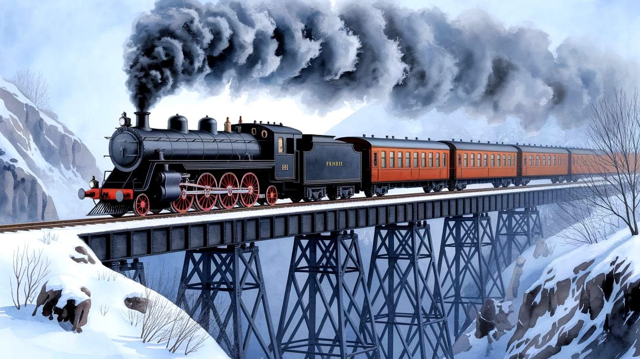 Winter Steam Train Crossing Trestle in Watercolor Style