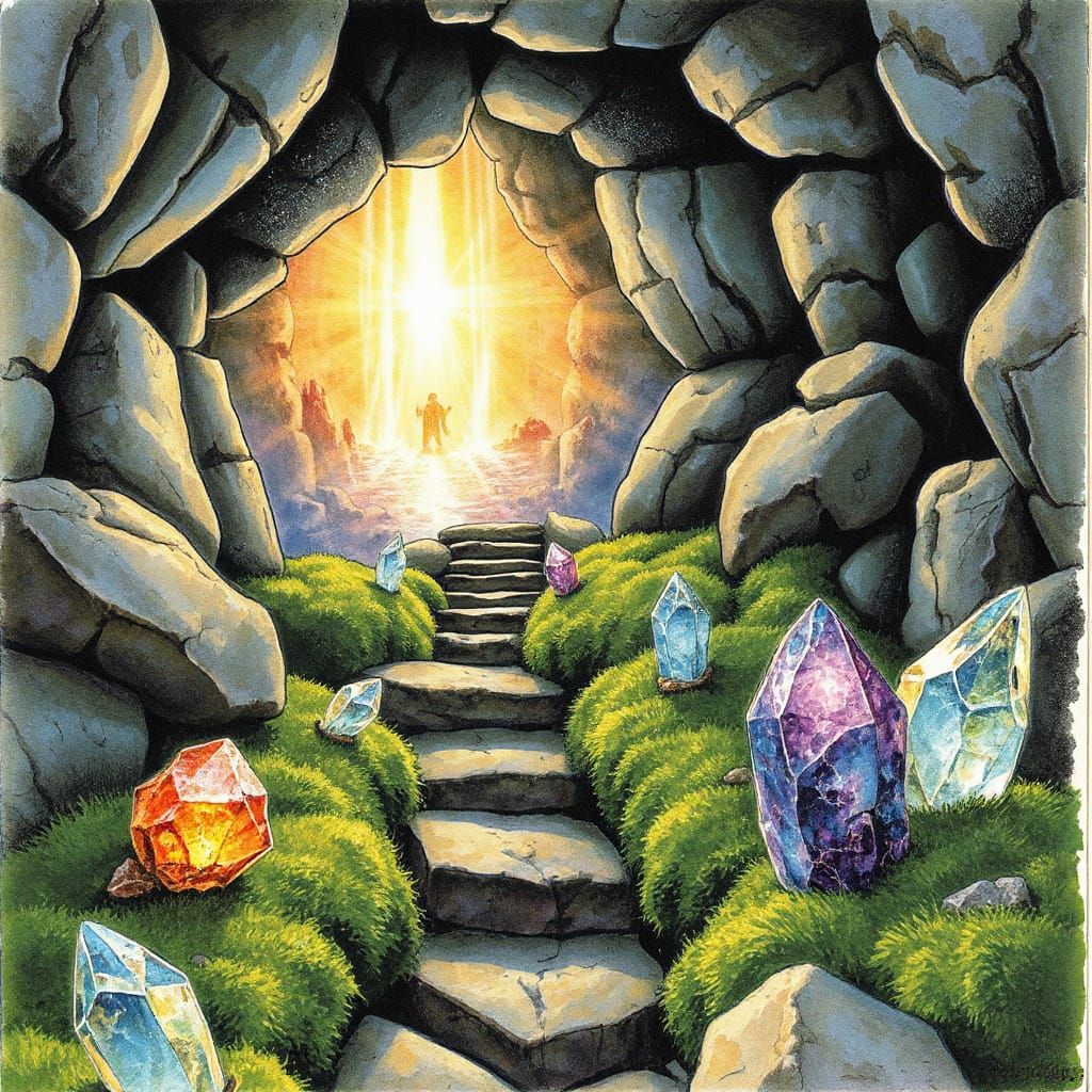 Whimsical Fantasy Landscape with Glittering Crystals and Dra...