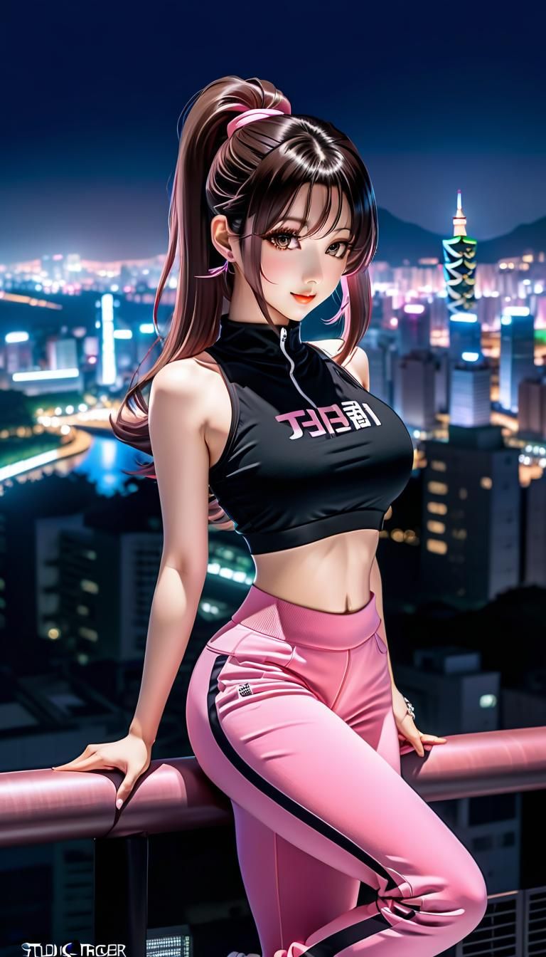 Anime Style Taiwanese Girl in Taipei at Night