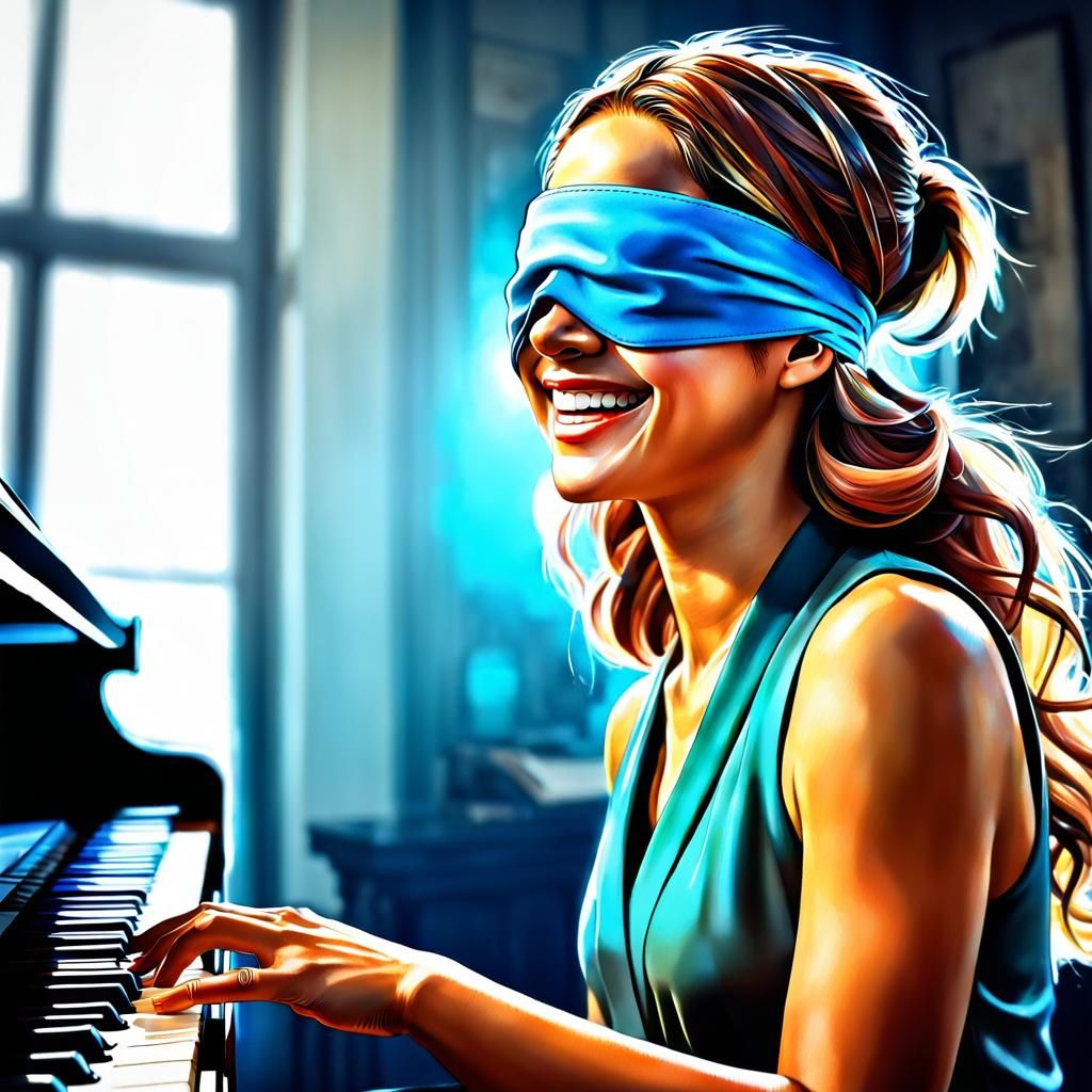 Woman Plays Piano Blindfolded: Digital Watercolor Illustrati...