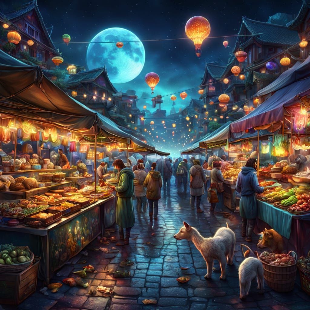 Cosmic Night Market Scene with Fantastical Creatures