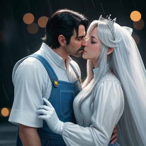 Photorealistic Super Mario Kissing Princess Tippi in Rain