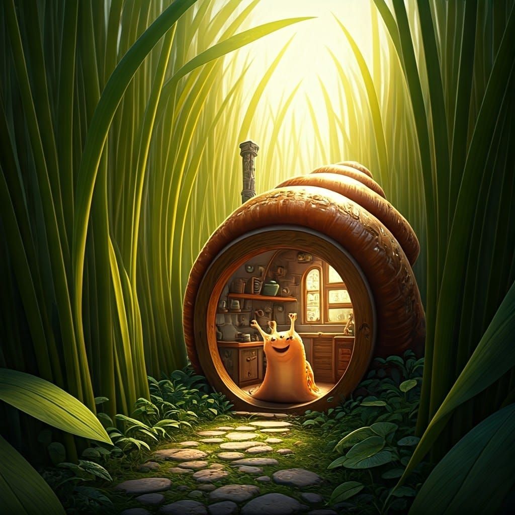 A Hyperrealistic Snail House Scene in Vibrant Colors