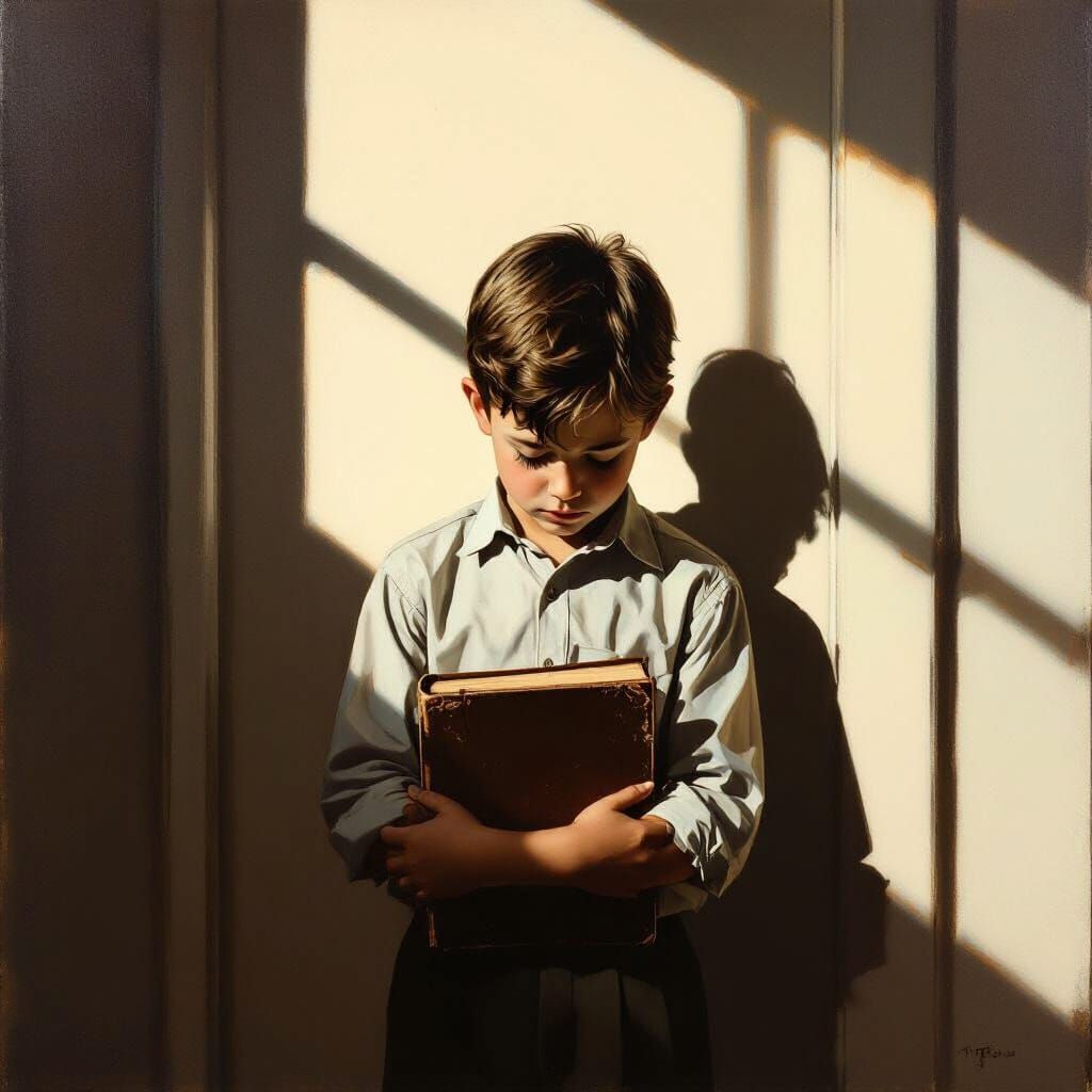 Boy Awaiting Discipline in Somber Oil Painting Style