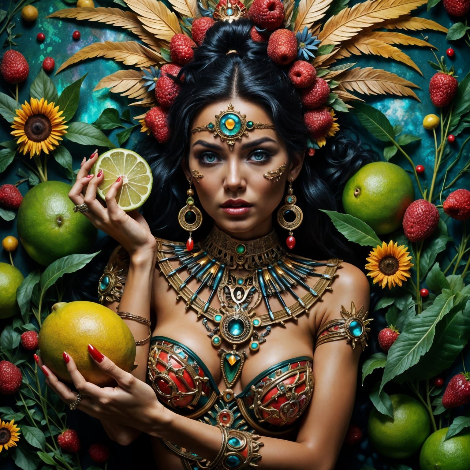 Ethereal Aztec Goddess Encounters Jungle Beast in Vibrant Hy...